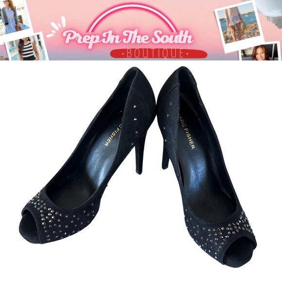 Marc Fisher Harpy Black rhinestone Studded Black Peep Toe Heels 7M - Picture 5 of 8